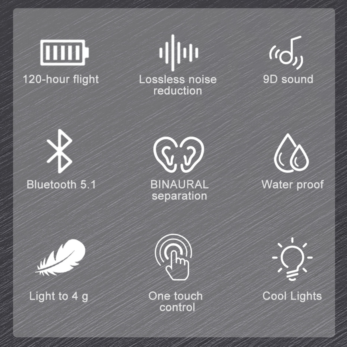 Iconen die Bluetooth, ruisonderdrukking, waterdichtheid, licht, one-touch-bediening en coole lichten afbeelden.