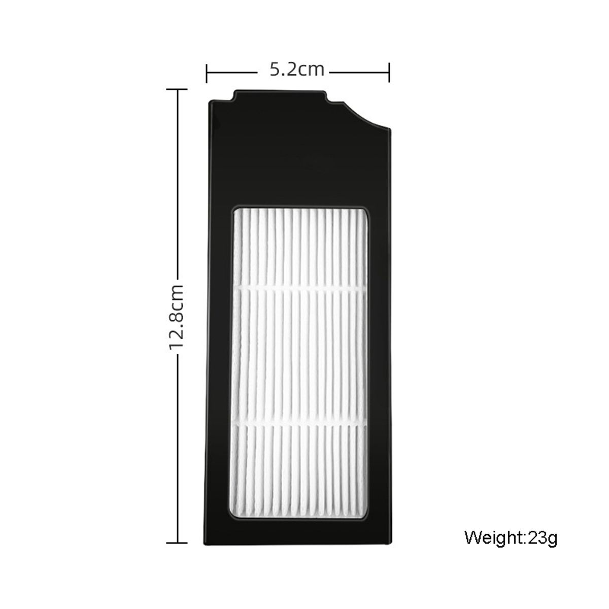 Ein schwarzer Filter mit weißem Filterpapier mit Maßen, Gewicht 23g.