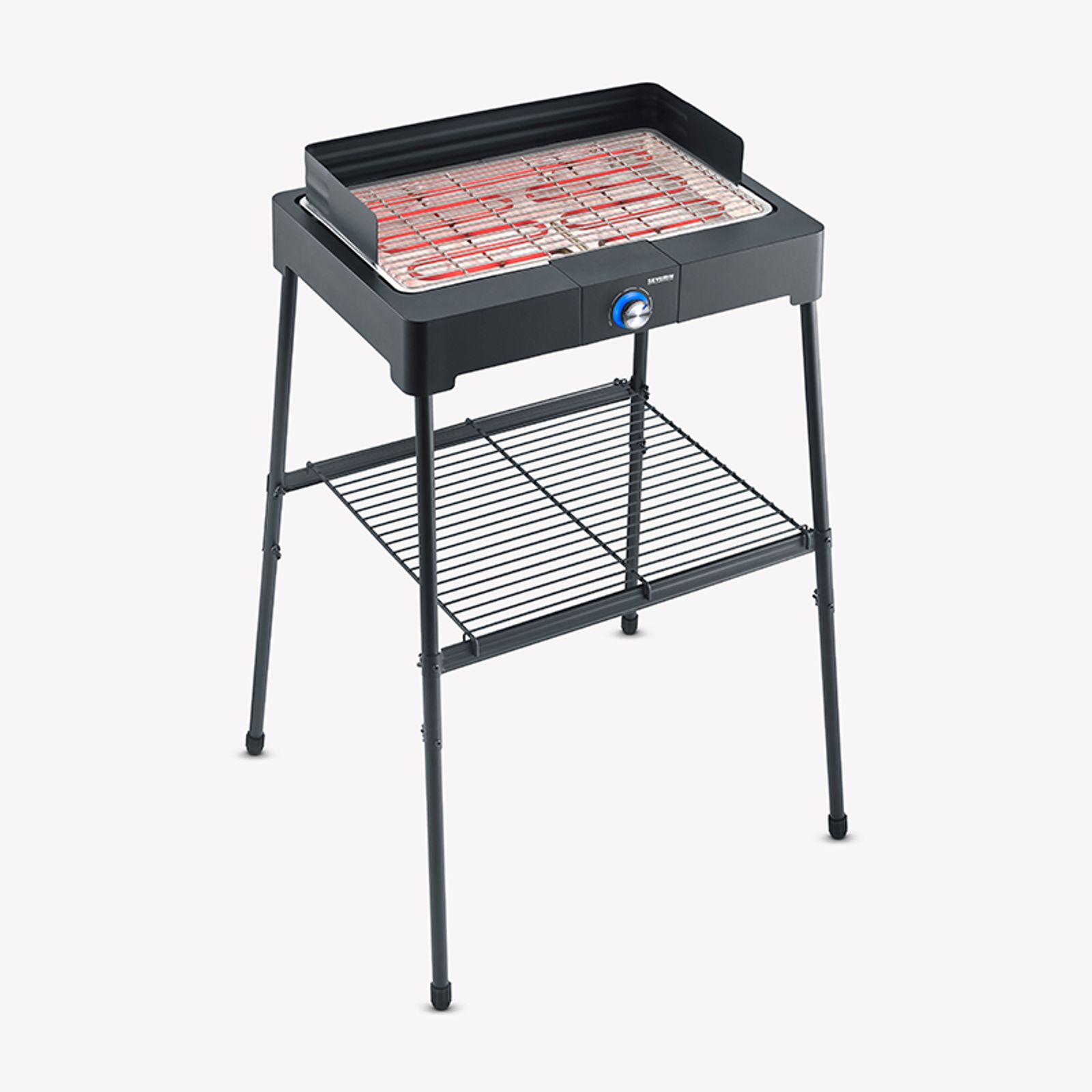A black electric grill on a stand with a rack and red heating elements is shown.