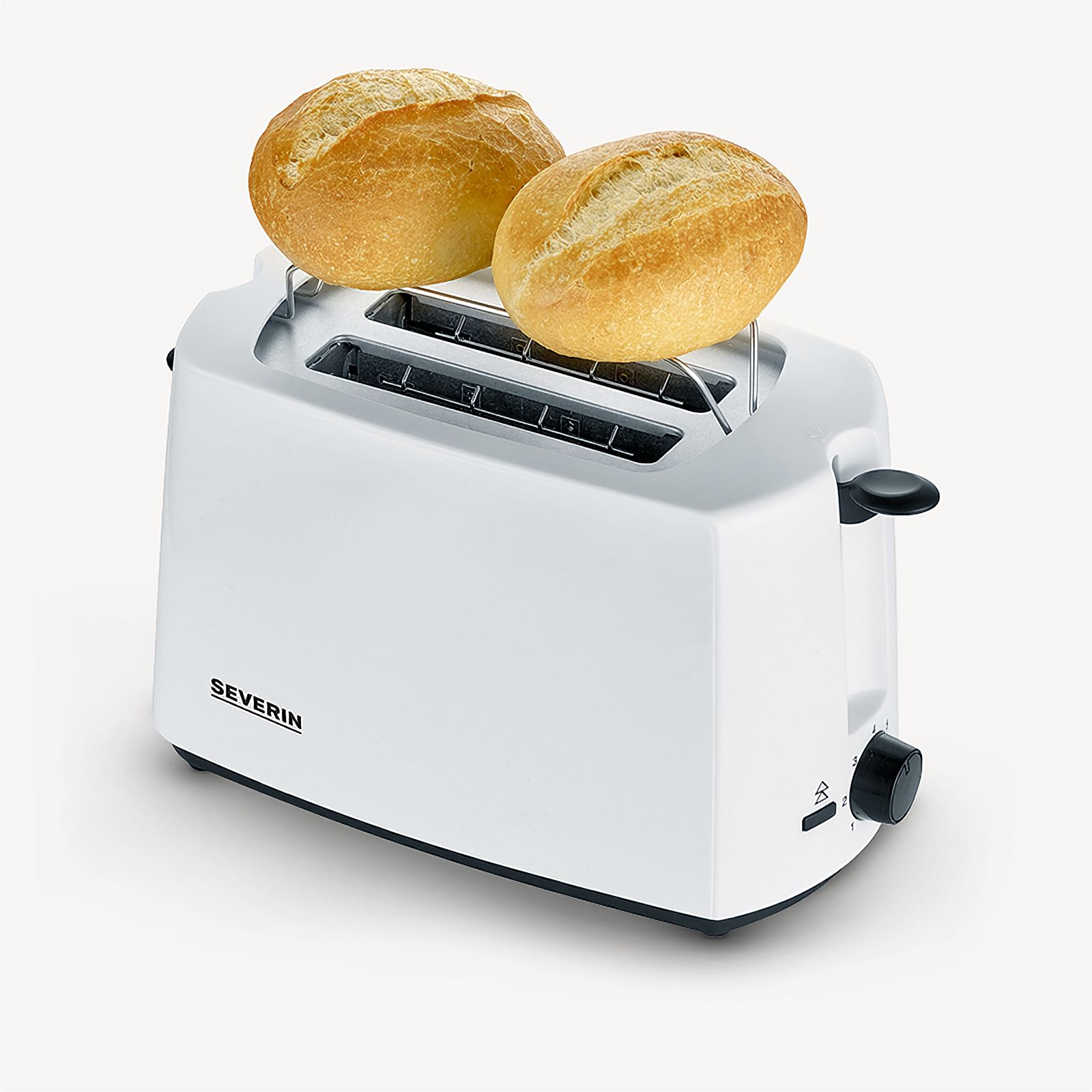 Weißer Toaster mit zwei Brötchen oben. Schwarze Details, auf weißem Hintergrund.