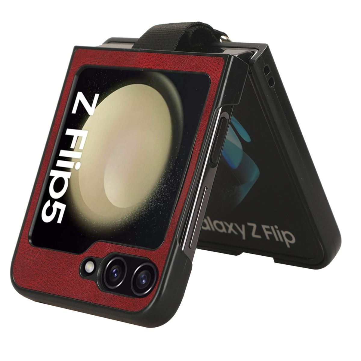Eine rote Handyhülle für ein Samsung Z Flip. Das Handy ist zusammengeklappt, zeigt Bildschirm.