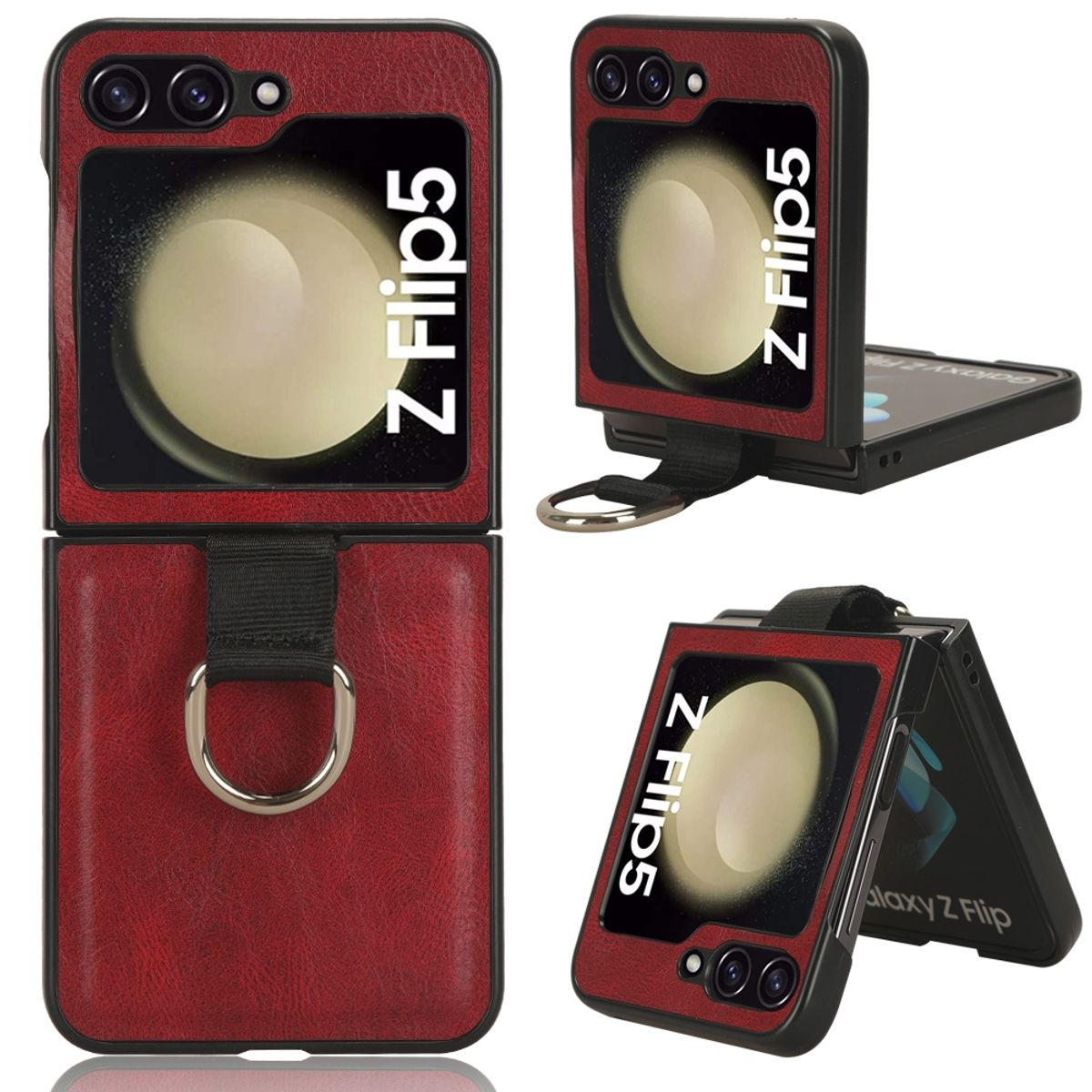 Rote Leder-Handyhülle mit Klappdesign, zeigt das Telefon in verschiedenen Positionen.