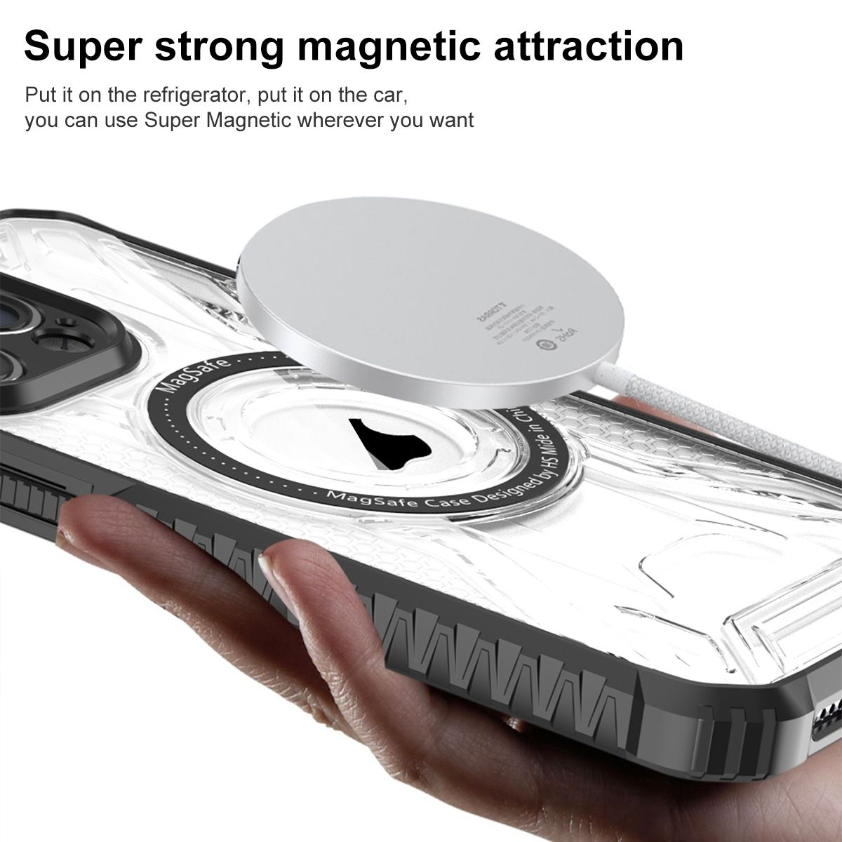 Telefonhülle mit Magnetbefestigung. Weißes Kabel, Text: Super starke magnetische Anziehung.