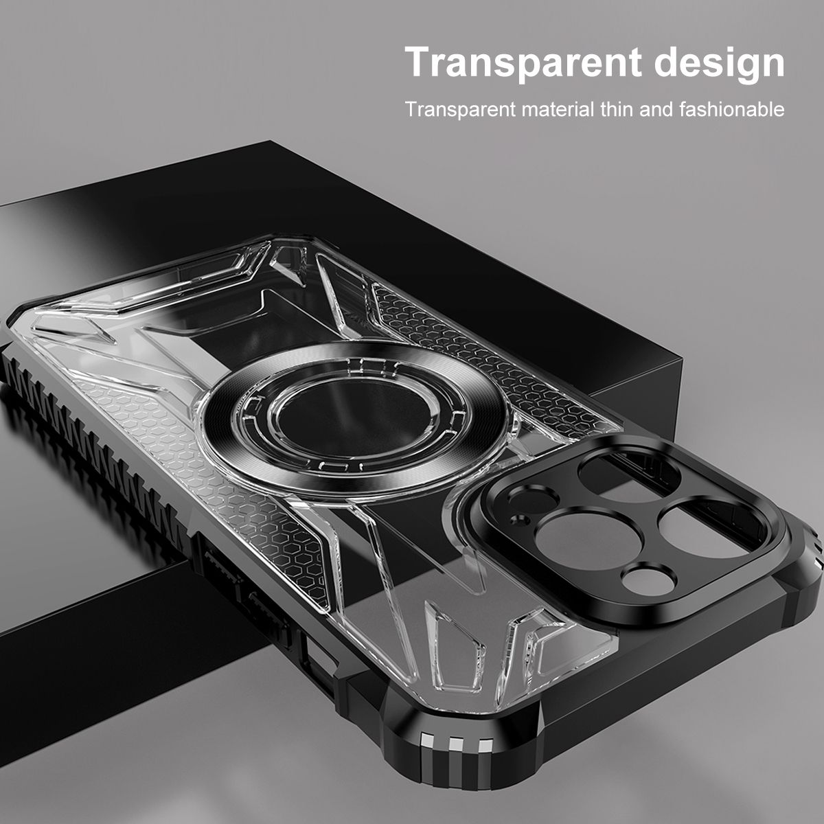 Transparente Handyhülle mit schwarzem Rahmen. Die Hülle liegt auf einer schwarzen Box, vor weißem Hintergrund.