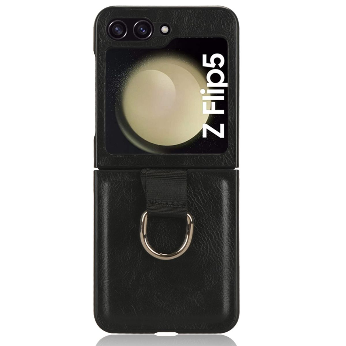Schwarzes Case für ein Samsung Z Flip5, geöffnet, mit Ring.
