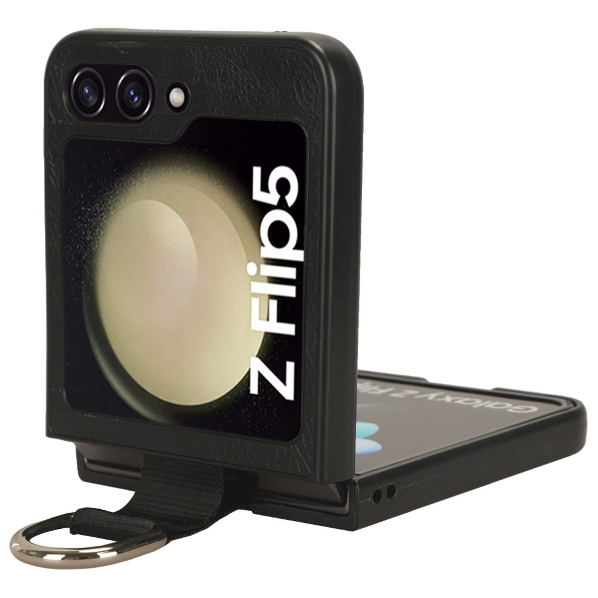 Eine schwarze Handyhülle mit dem Telefon darin, das den Z Flip5-Bildschirm zeigt.