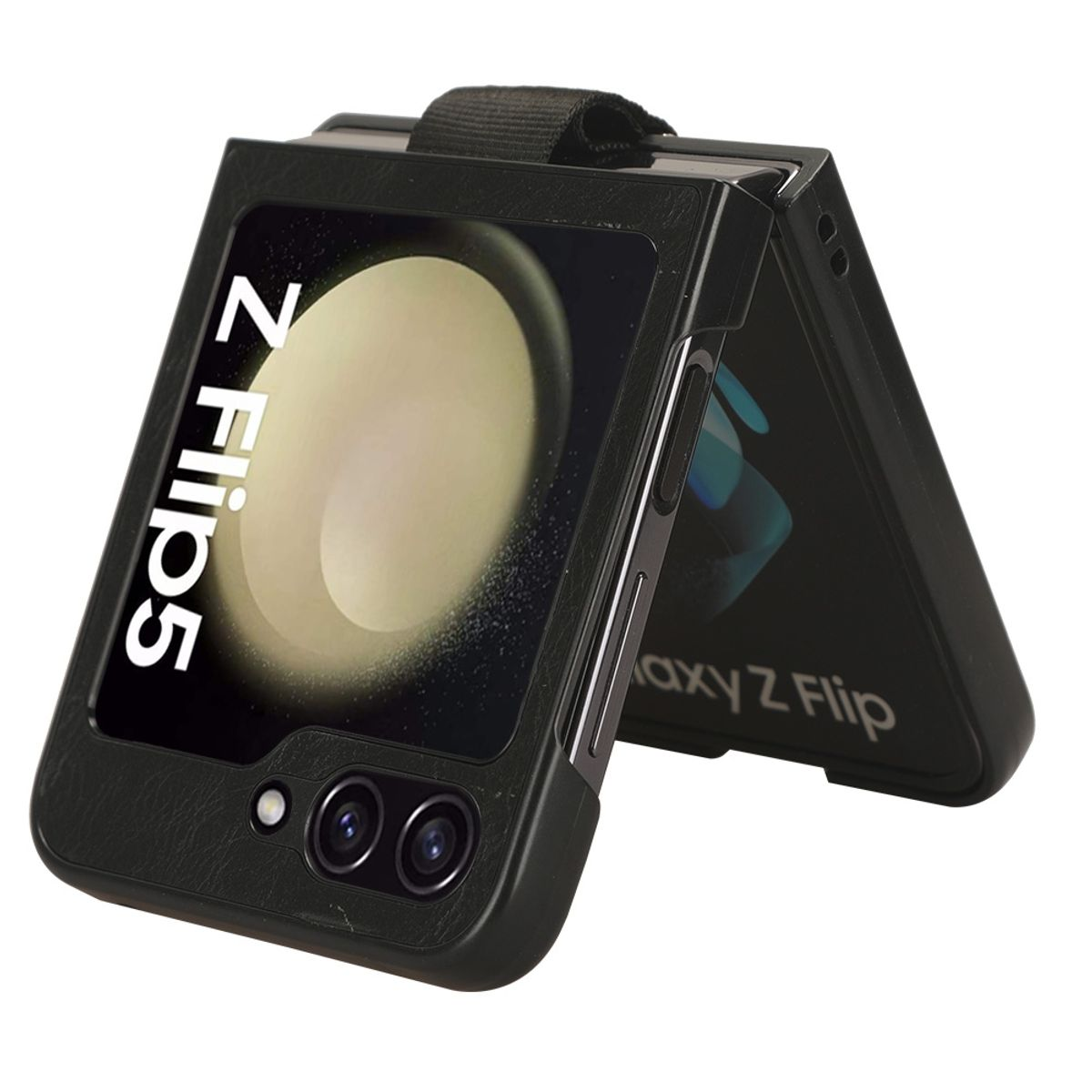 Schwarze Handyhülle für ein Z Flip 5, das geöffnete Telefon zeigend.