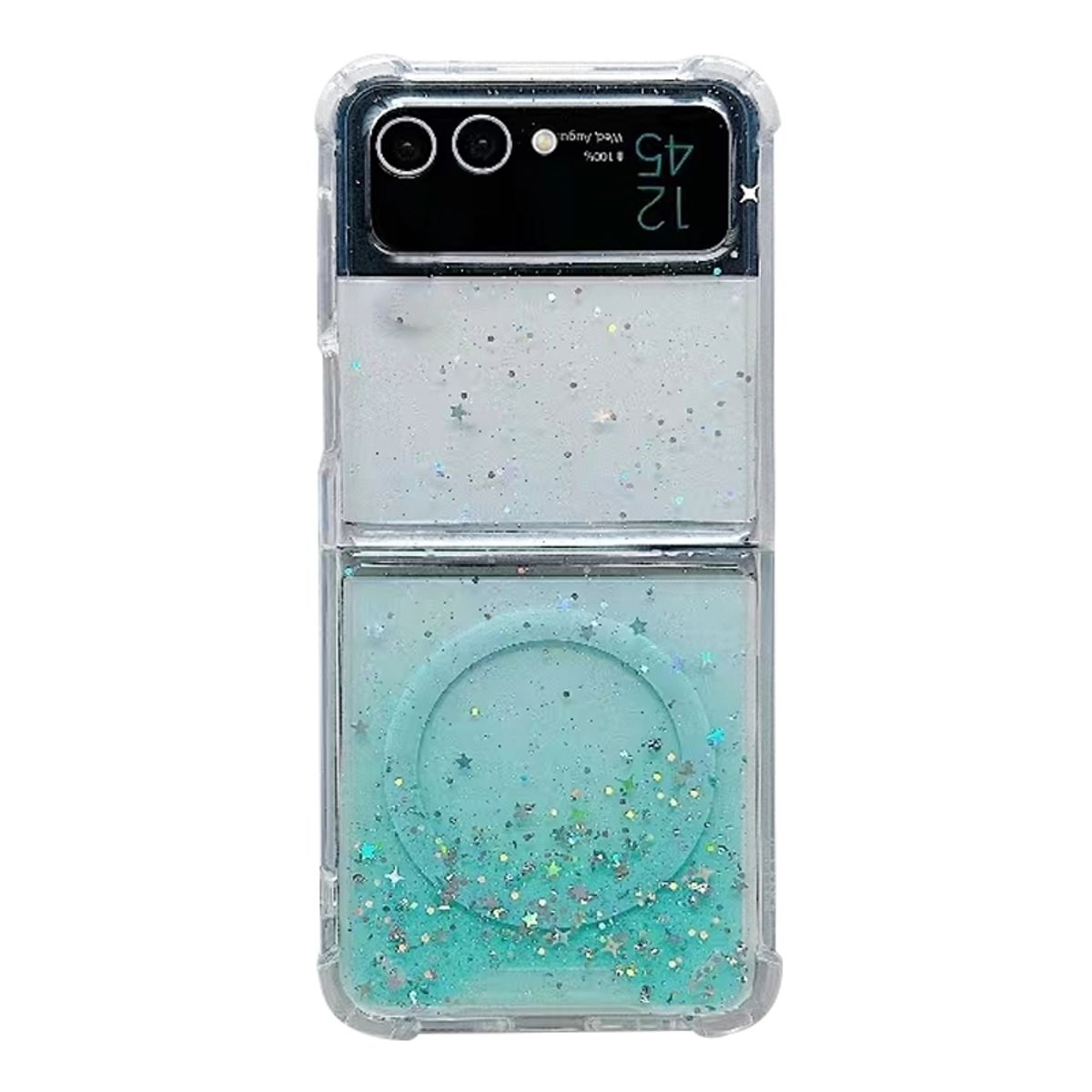 Faltbares Smartphone mit Glitzerhülle, hellgrün und weiß.
