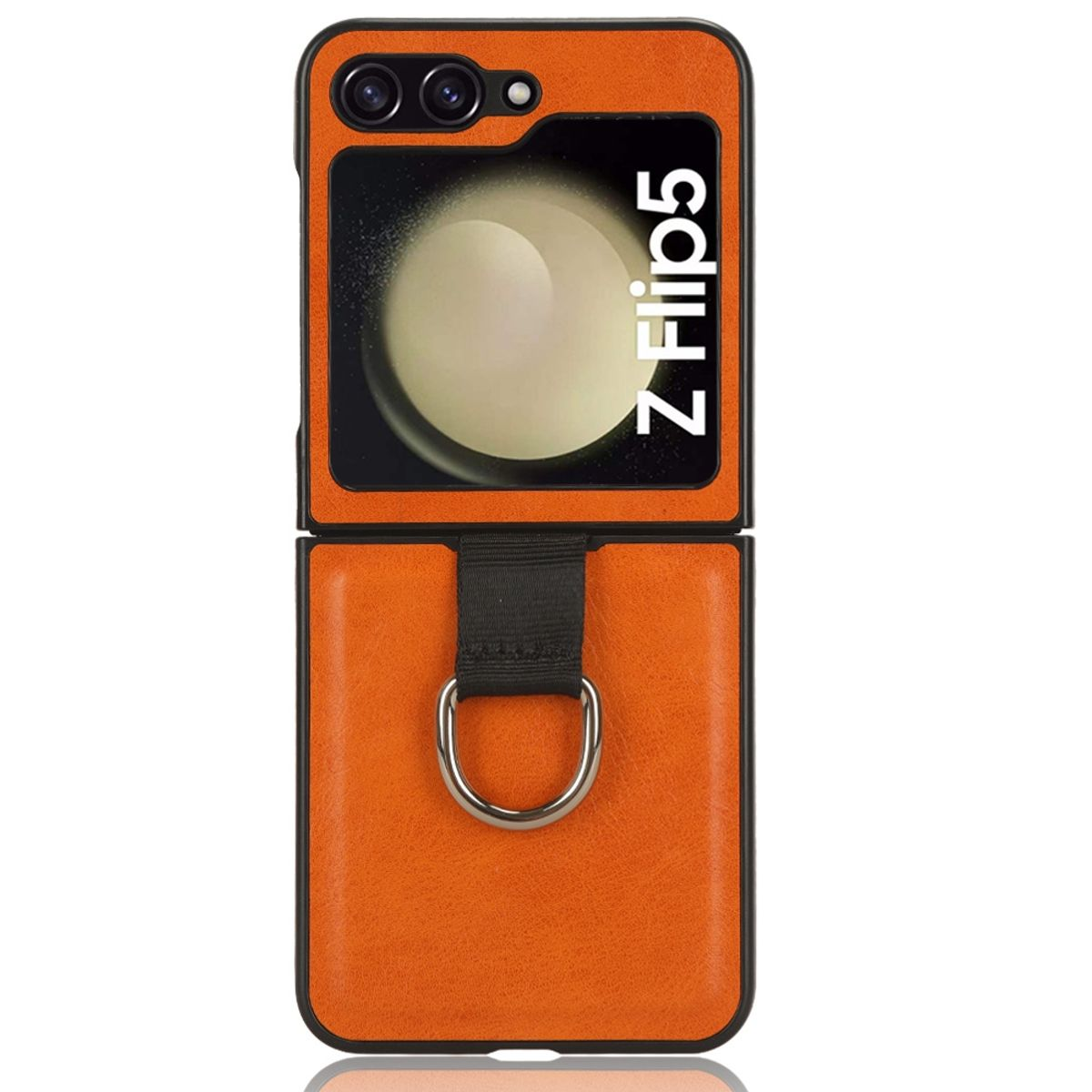 Orangefarbene Lederhülle für das Samsung Z Flip5 Telefon. Schwarzer Rahmen um den Bildschirm.
