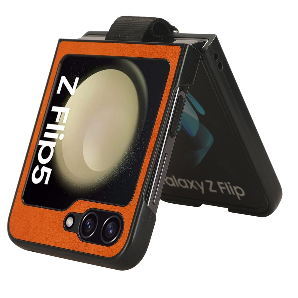 Eine Handyhülle mit den Worten Z Flip 5. Die Hülle ist orange und schwarz.