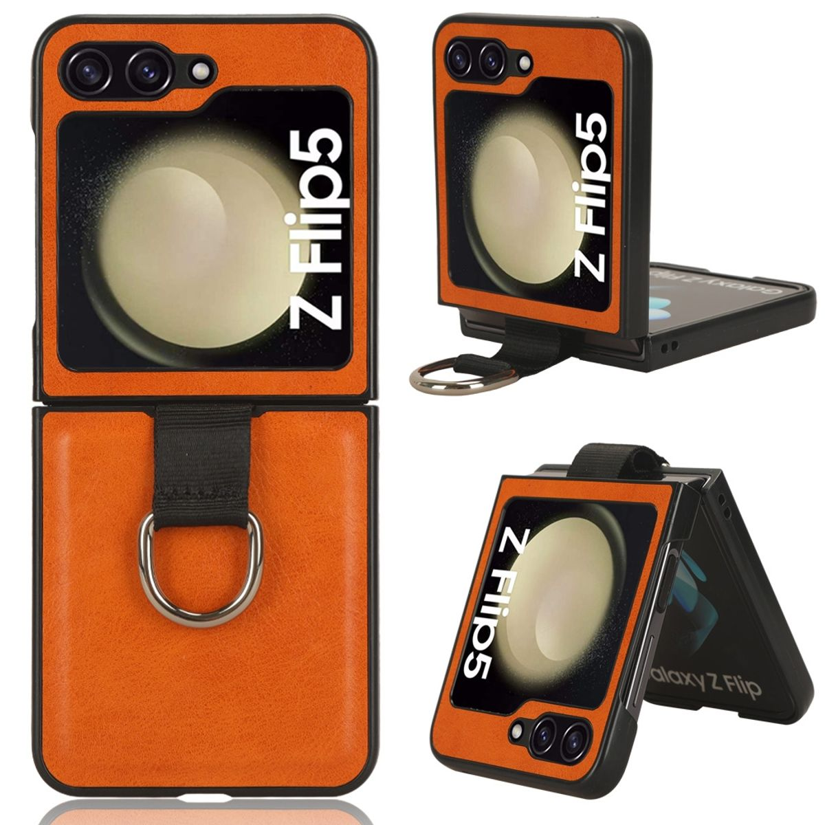 Mehrere Ansichten einer orangefarbenen Handyhülle für ein Z Flip5. Mit schwarzem Riemen.