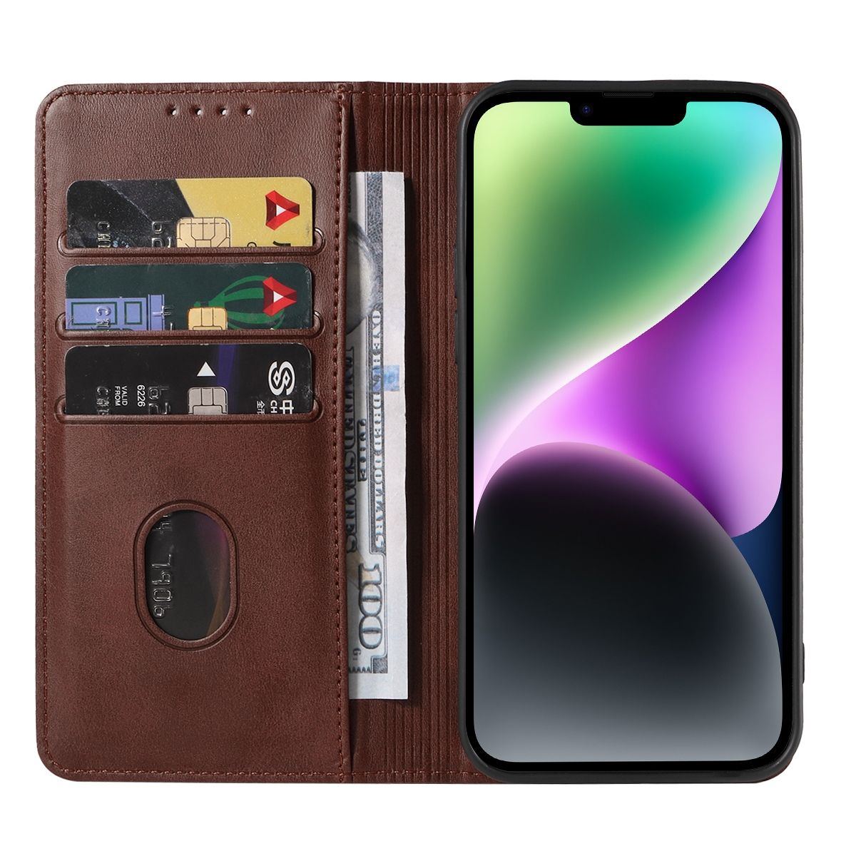 Eine braune Ledergeldbörse mit Karten und Geld im Inneren. Auf der rechten Seite befindet sich ein Telefon.