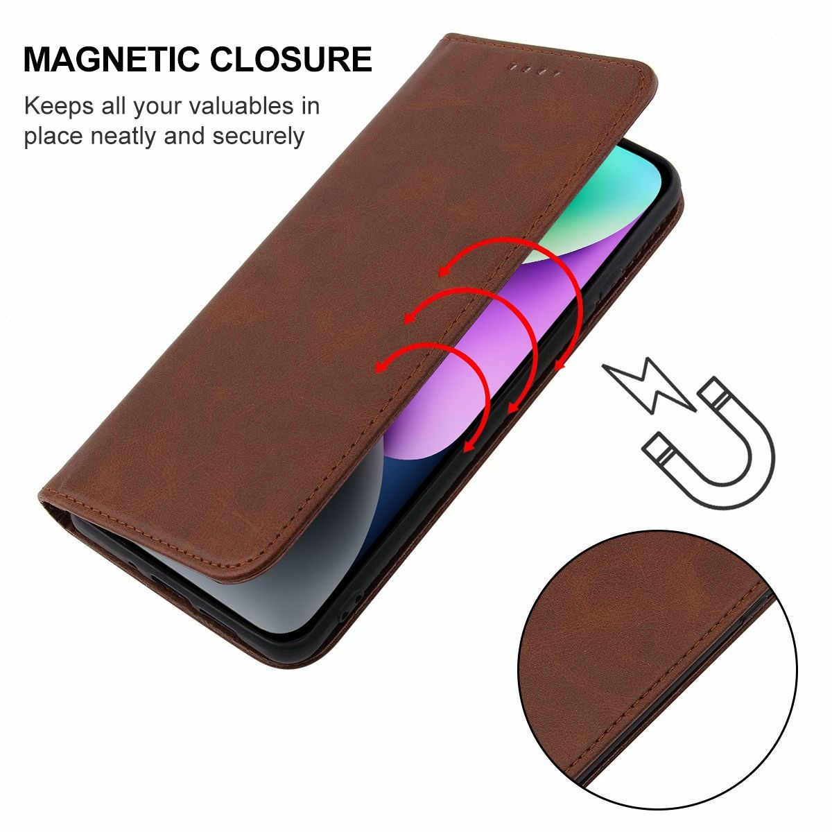 Eine braune Handyhülle geöffnet, das Telefon zeigend und ein Magnetverschluss Symbol.