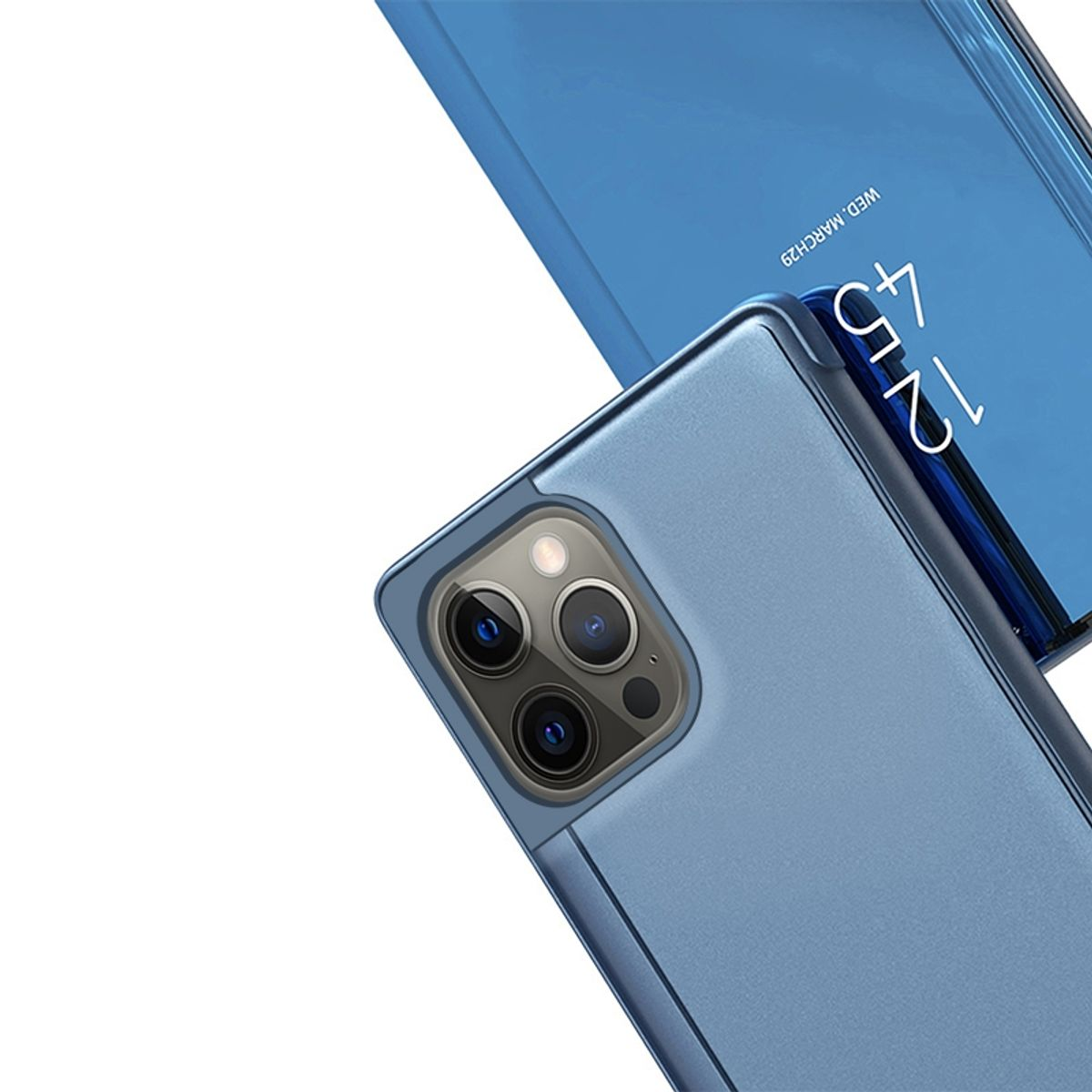 Eine Handyhülle mit blauem Äußeren und einem Bildschirm, der eine blaue Digitaluhr zeigt.