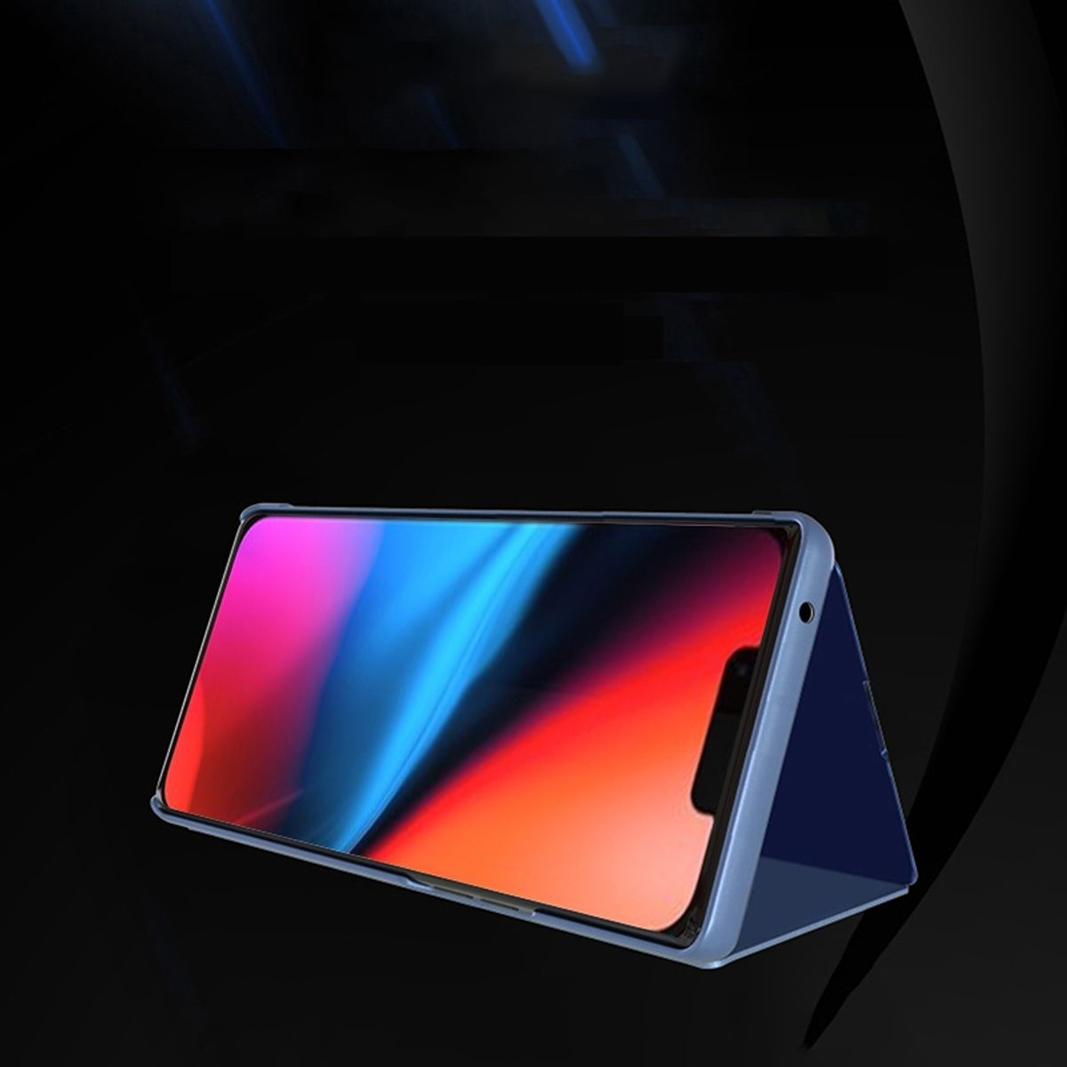 Eine blaue Handyhülle in Ständerposition, die einen Telefonbildschirm mit einem farbenfrohen, abstrakten Hintergrund zeigt.