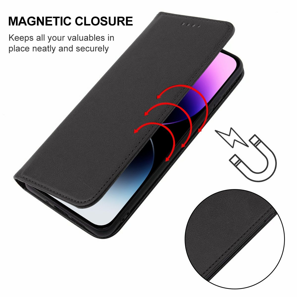 Eine schwarze Handyhülle mit Magnetverschluss, die ein Telefon darin zeigt, und ein Diagramm eines Magneten.