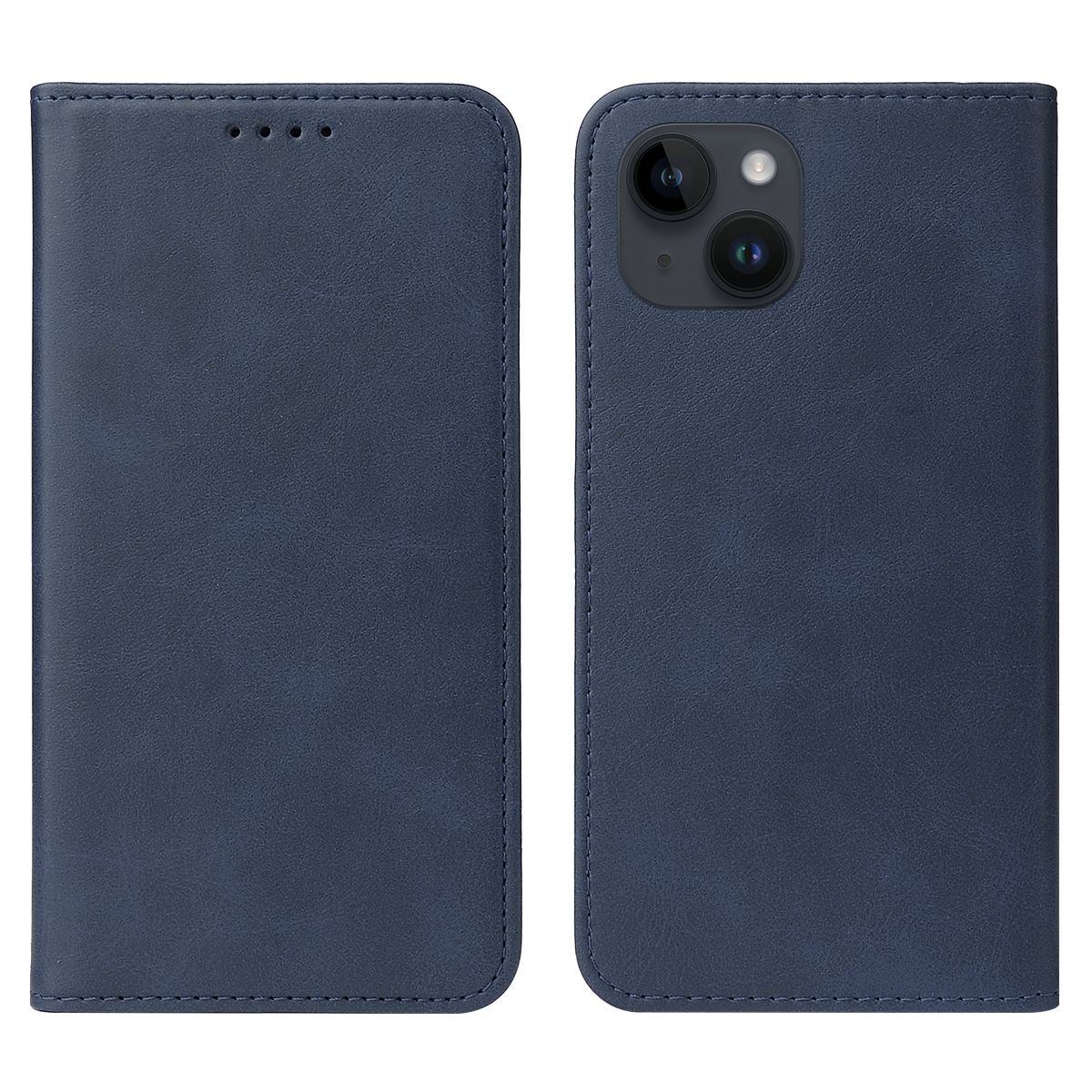 Eine dunkelblaue Handyhülle, geöffnet, um ein Telefon zu zeigen. Die Hülle hat Nähte und einen Klappenverschluss.