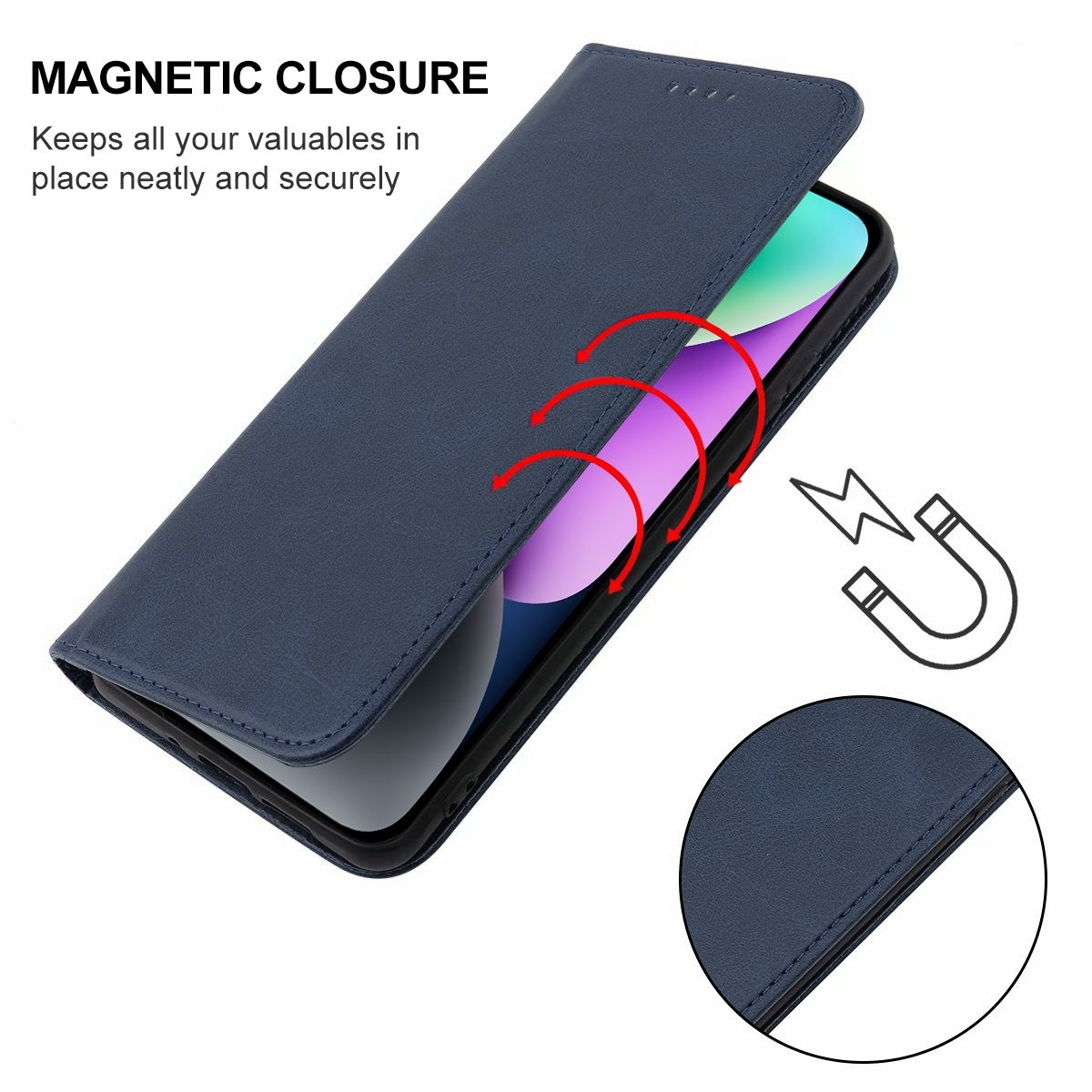 Blaue Handyhülle offen, zeigt das Handy. Pfeile und ein Magnet-Symbol.
