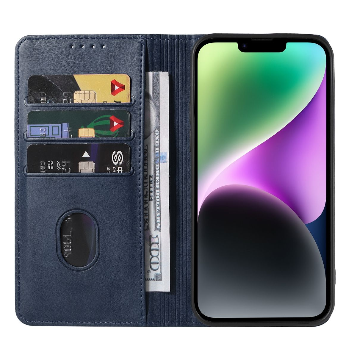 Marineblaue Brieftasche mit Telefon, Karten und Geld im Inneren, vor weißem Hintergrund.