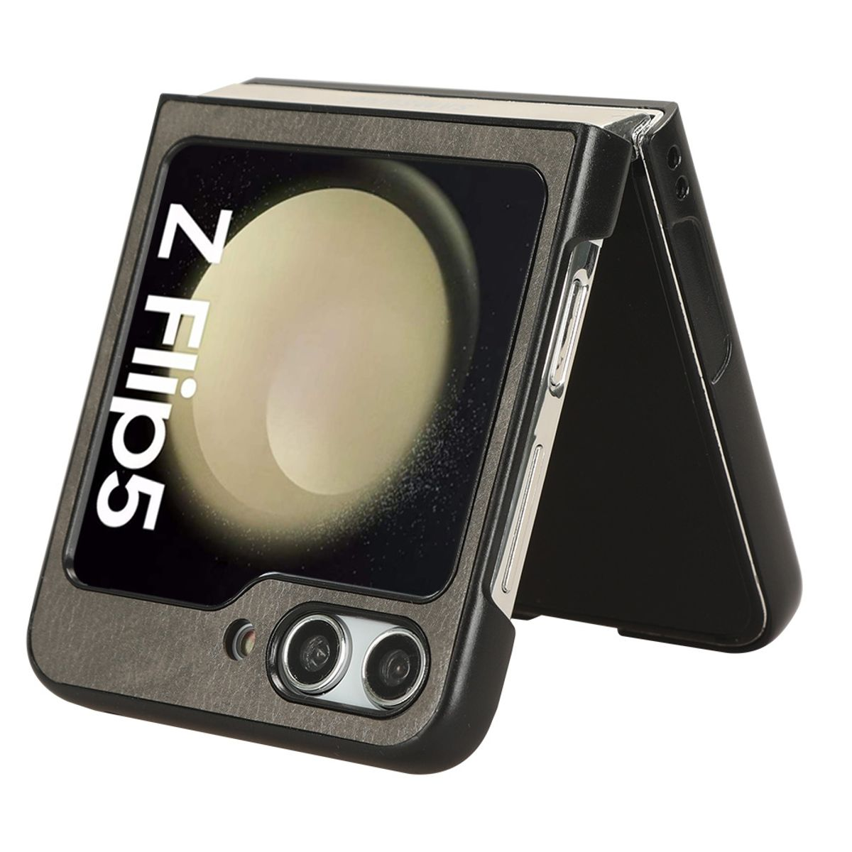 Graue Handyhülle für ein Z Flip 5, das geöffnete Telefon zeigend.