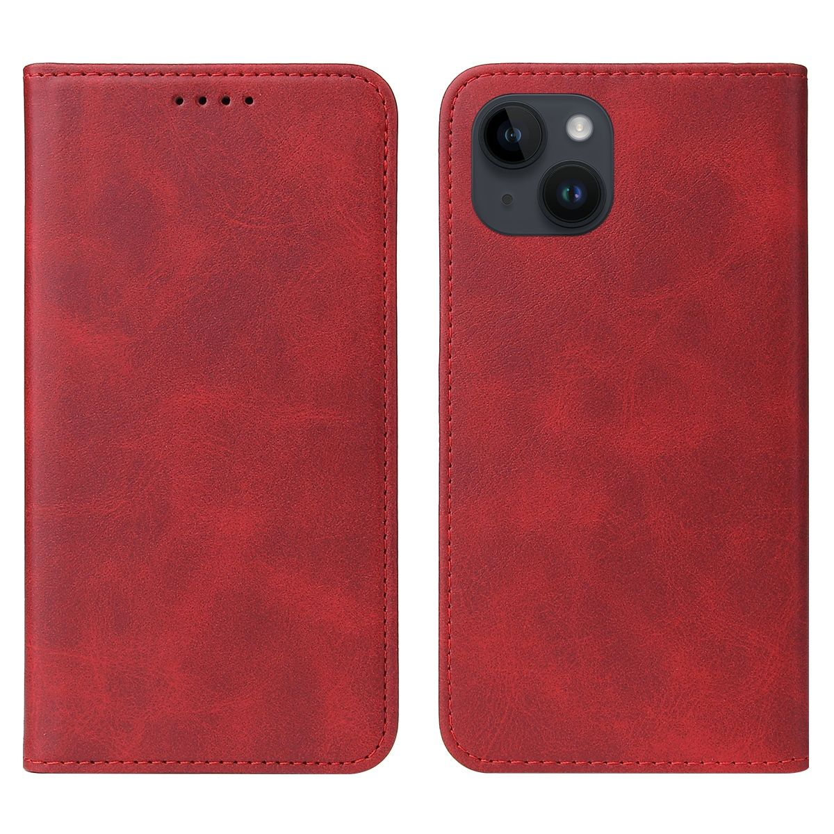 Eine rote Handyhülle, offen. Die Hülle hat ein Telefon mit Kameralinsen.