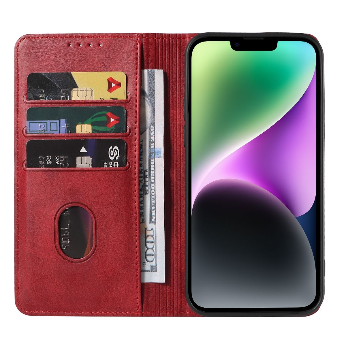 Rote Leder-Telefongeldbörse mit Karten und Geld, und ein Telefon rechts, isoliert auf Weiß.