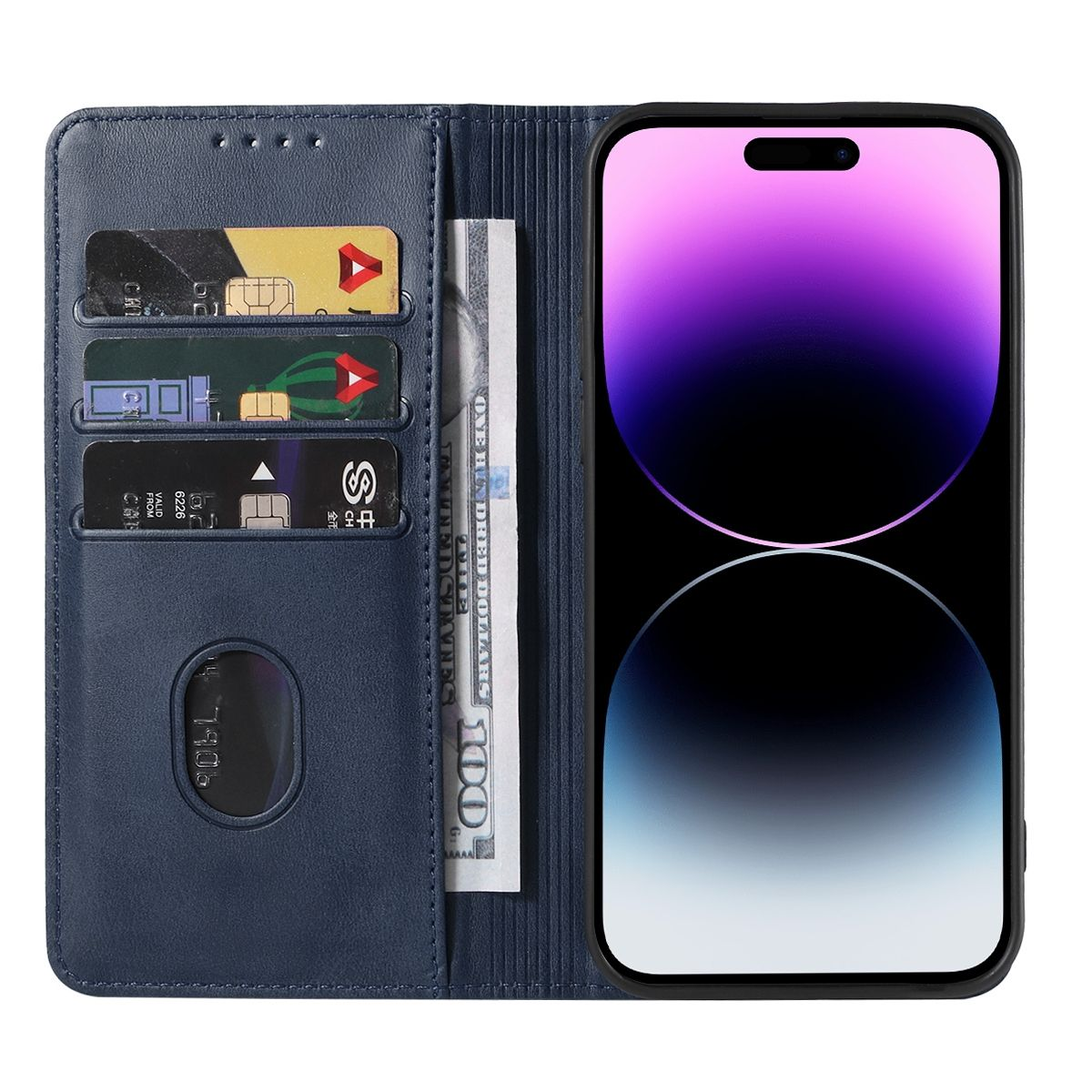 Blaue Brieftaschen-Handyhülle mit Karten und Geld, und ein Handy rechts.