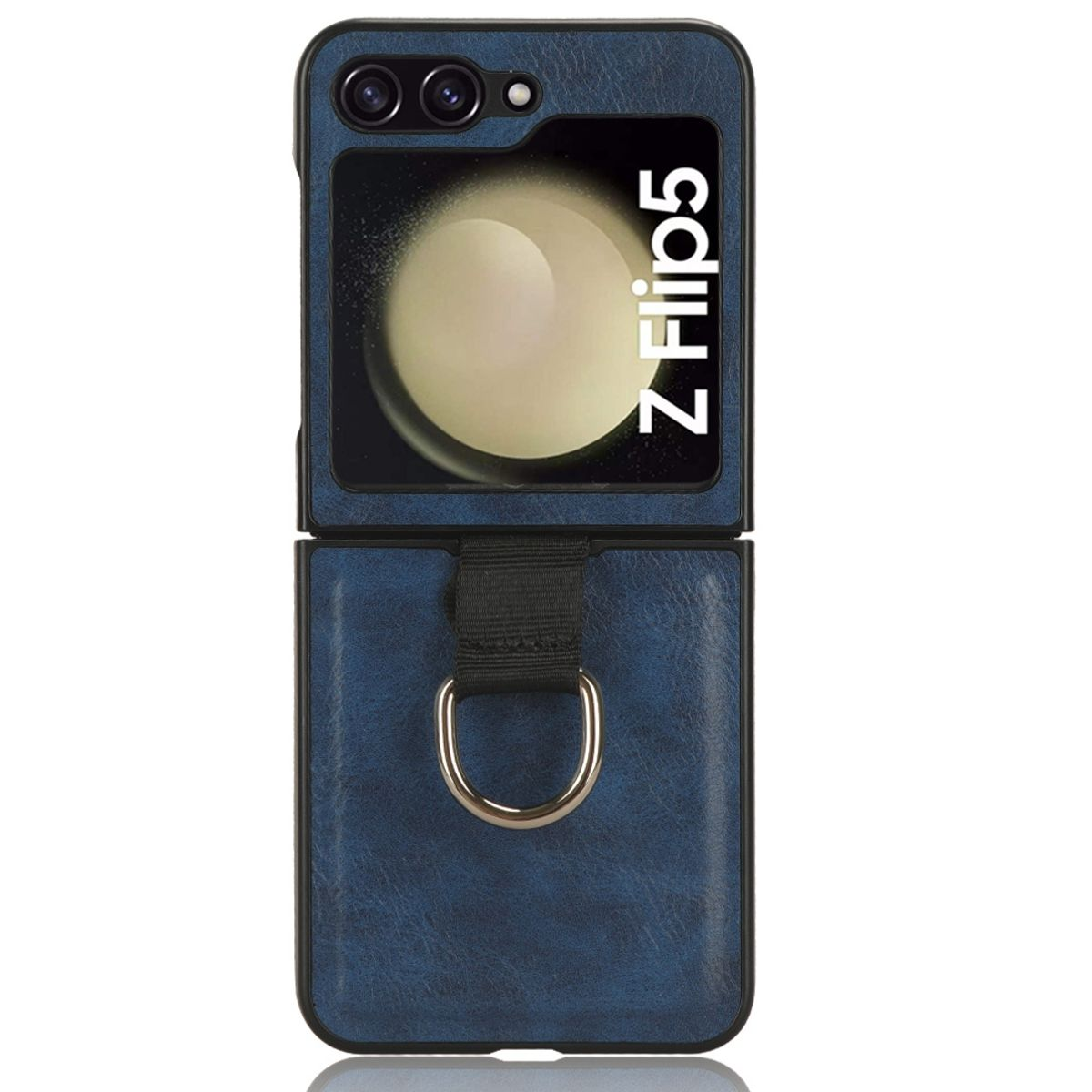 Blaue Leder-Handyhülle mit schwarzem Rahmen. Zeigt ein Telefon mit Kamera und Ringhalter.