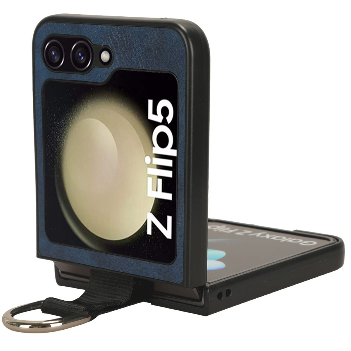 Eine schwarze Handyhülle für ein Z Flip5, geöffnet, um den Bildschirm und die Kameras des Telefons zu zeigen. Ein Riemen ist befestigt.