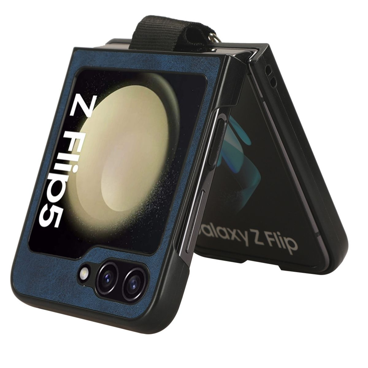 Eine Samsung Z Flip 5 Handyhülle in gefalteter Position, die den Bildschirm zeigt.