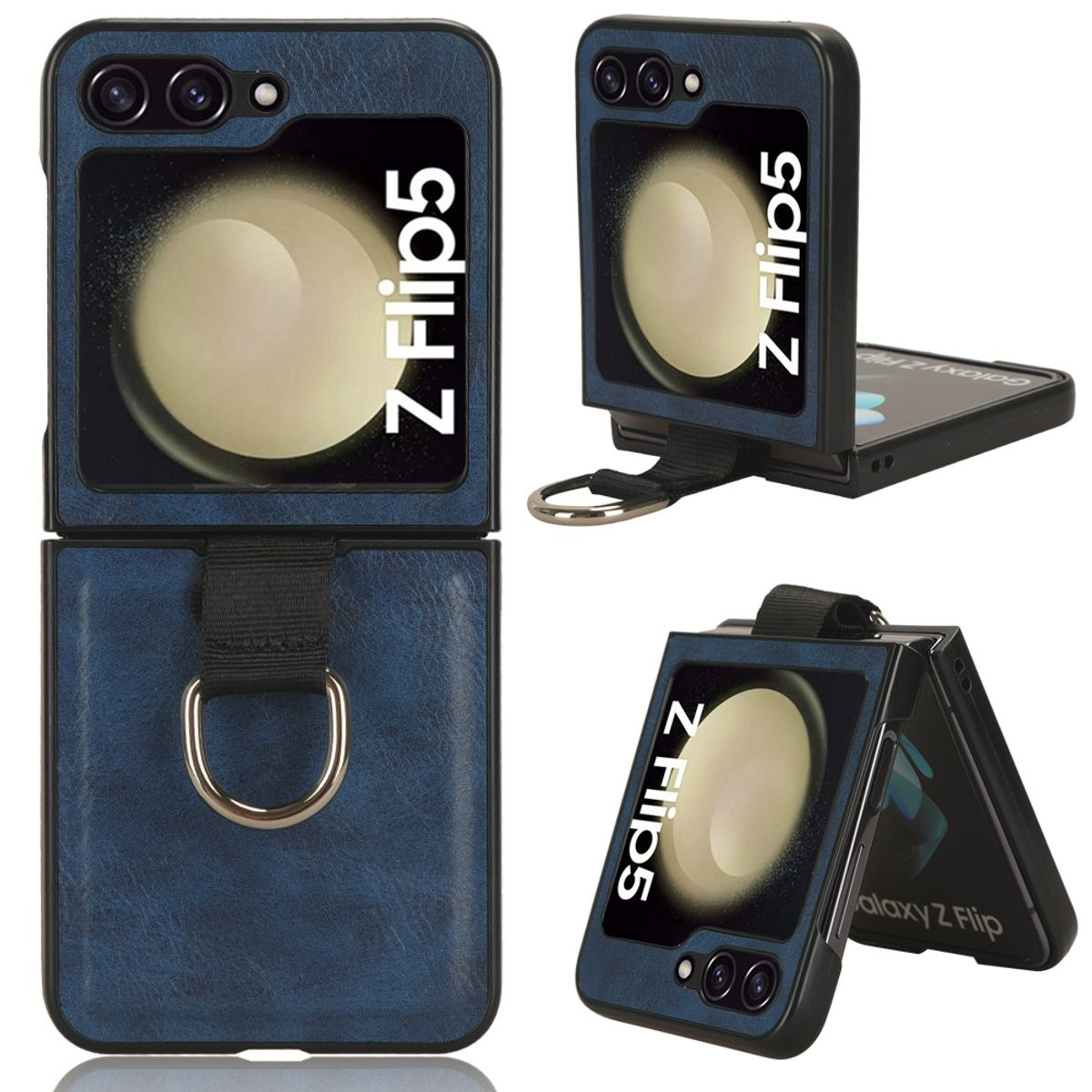Eine blaue Leder-Handyhülle mit Telefon und schwarzem Riemen.
