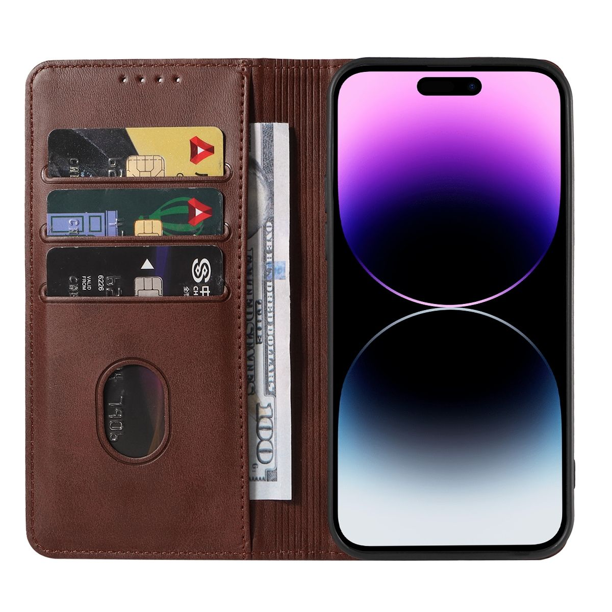 Braune Brieftasche mit Karten, Geld und Telefon mit lila Bildschirm.