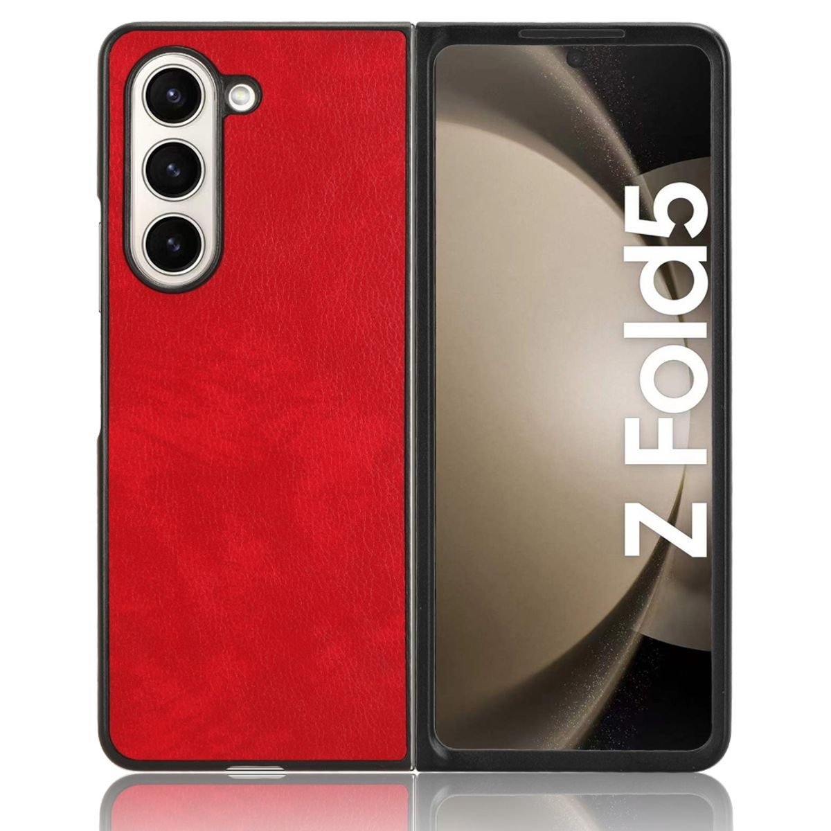 Eine rot-schwarze Handyhülle für ein Samsung Z Fold5, offen, um den Bildschirm des Telefons zu zeigen.