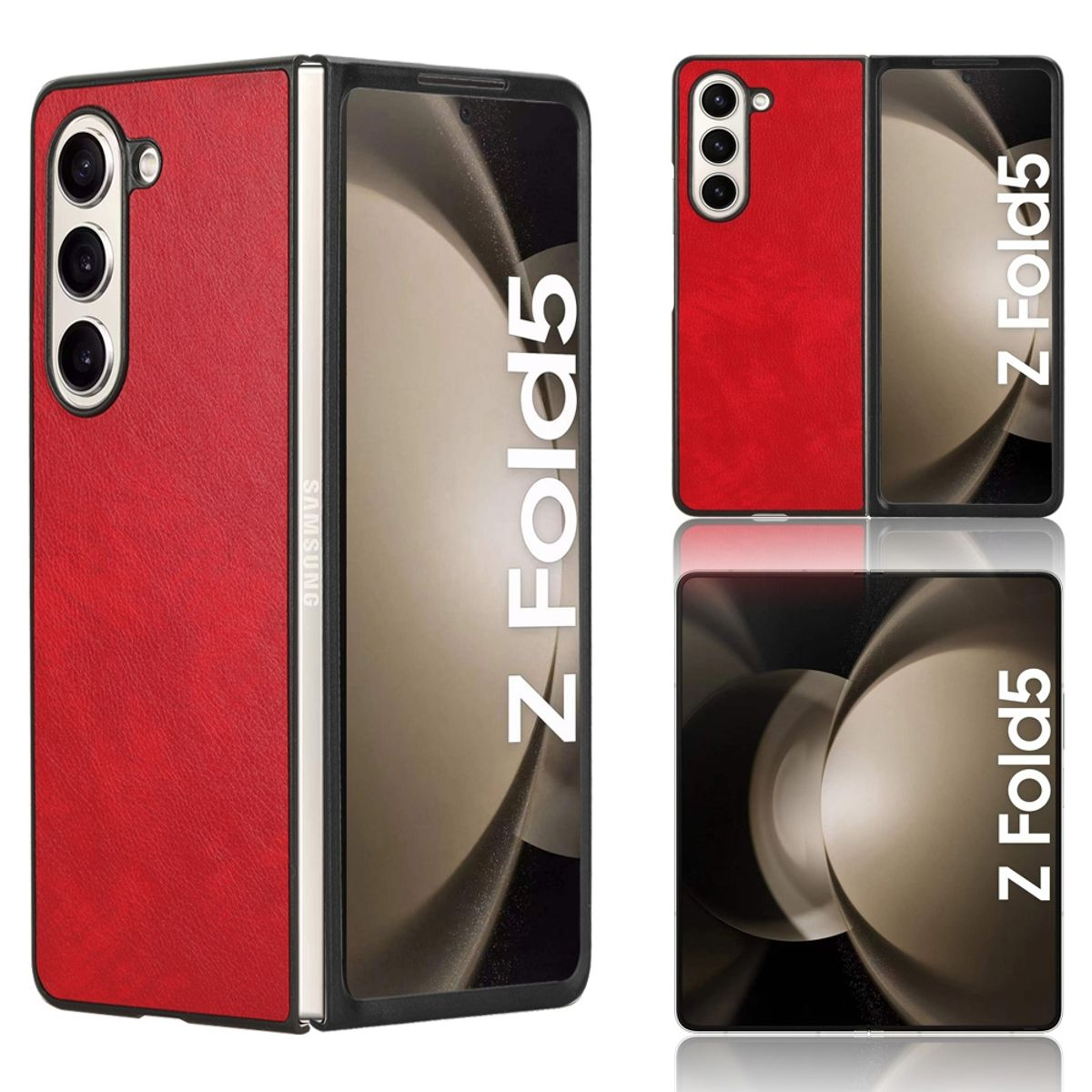 Rotes Leder Samsung Z Fold5, gefaltet und entfaltet, mit schwarzem Bildschirm und Samsung Logo.