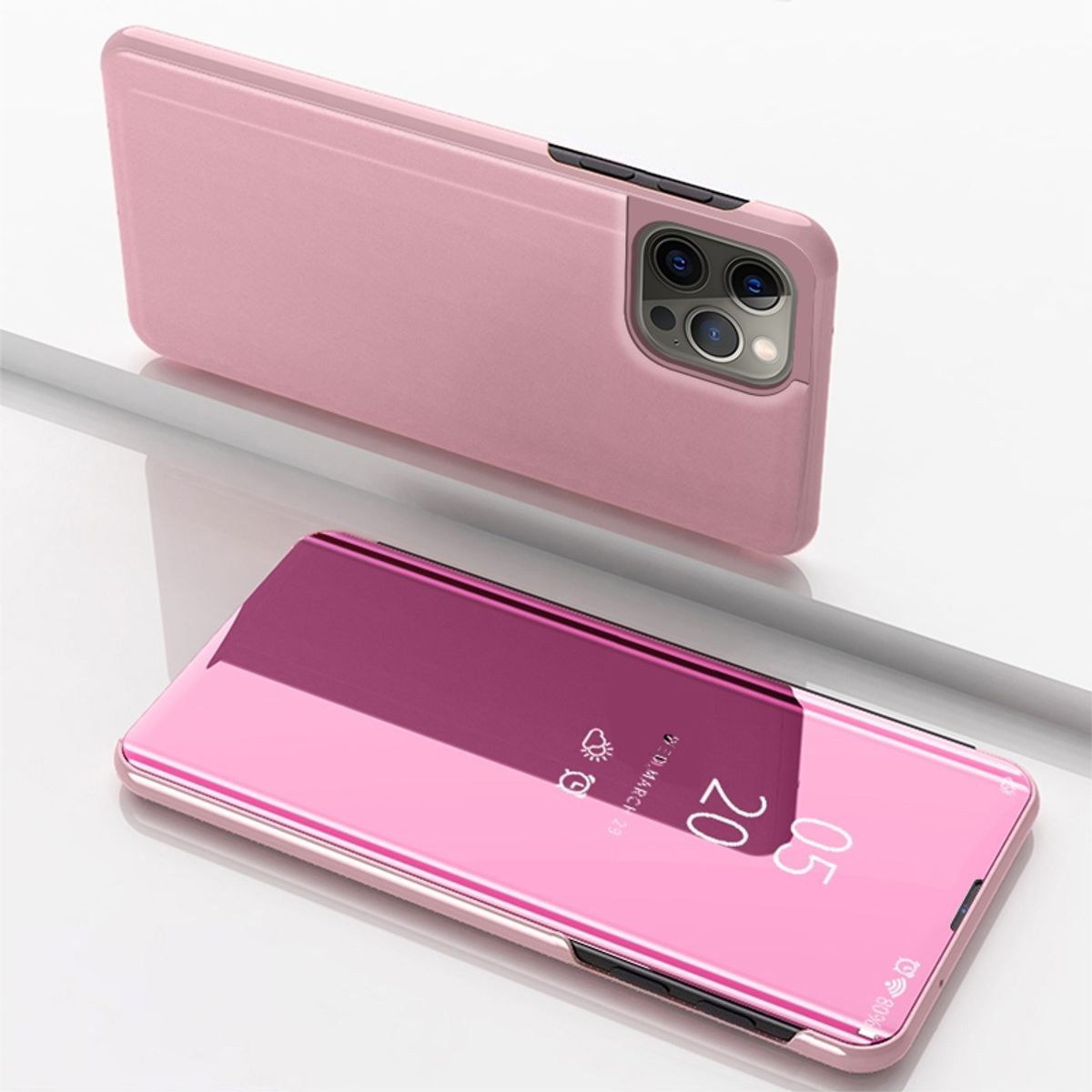 Rosa Handyhülle, geschlossen und offen, mit einem Telefon darin. Zeigt Datum und Uhrzeit auf dem Bildschirm.