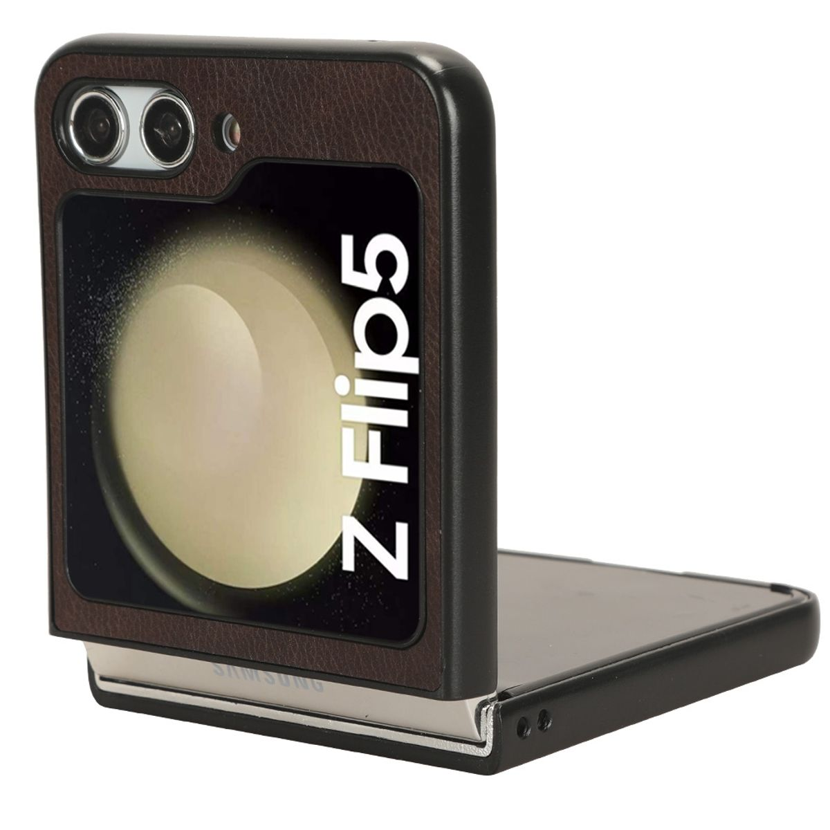 Eine braune Ledertasche auf einem Samsung Z Flip 5-Handy.