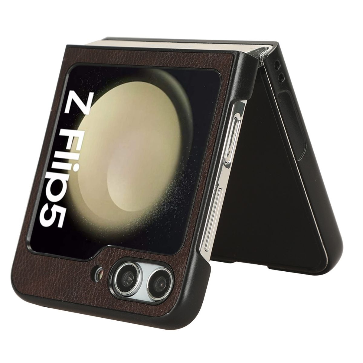 Eine braune und schwarze Samsung Z Flip5 Hülle mit einem Bildschirm, der ein Telefonbild zeigt.