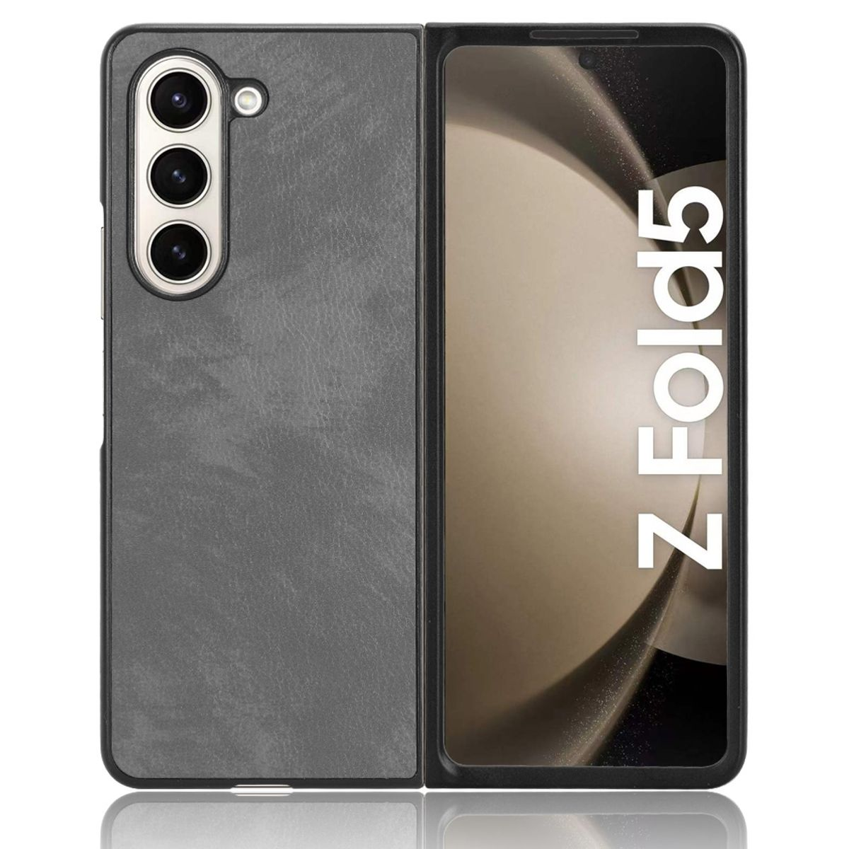 Schwarz-graue, faltbare Handyhülle. Das Telefon ist geöffnet und zeigt den Text 'Z Fold5' auf dem Bildschirm.