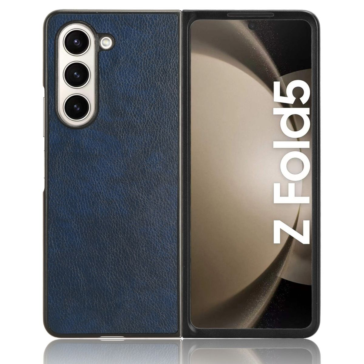 Eine blaue Leder-Handyhülle für ein Samsung Z Fold5, geöffnet, um den Bildschirm zu zeigen.