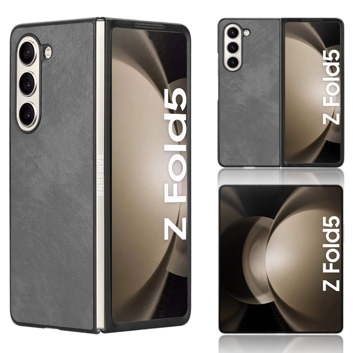 Drei Ansichten eines grauen Samsung Z Fold5-Telefons: geschlossen, offen und mit sichtbarem Bildschirm.