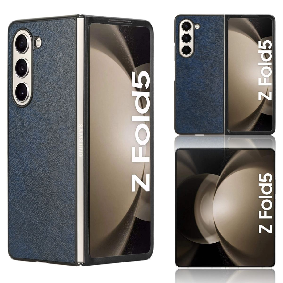 Blaues Leder Samsung Z Fold5, gefaltet und entfaltet, mit schwarzem Bildschirm und Samsung Logo.
