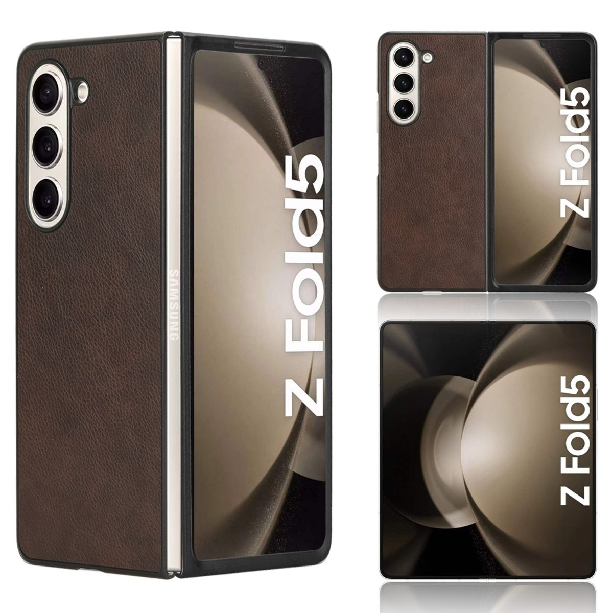 Samsung Z Fold5-Telefon in brauner Lederhülle, geöffnet und geschlossen, mit Dreifachkamera.