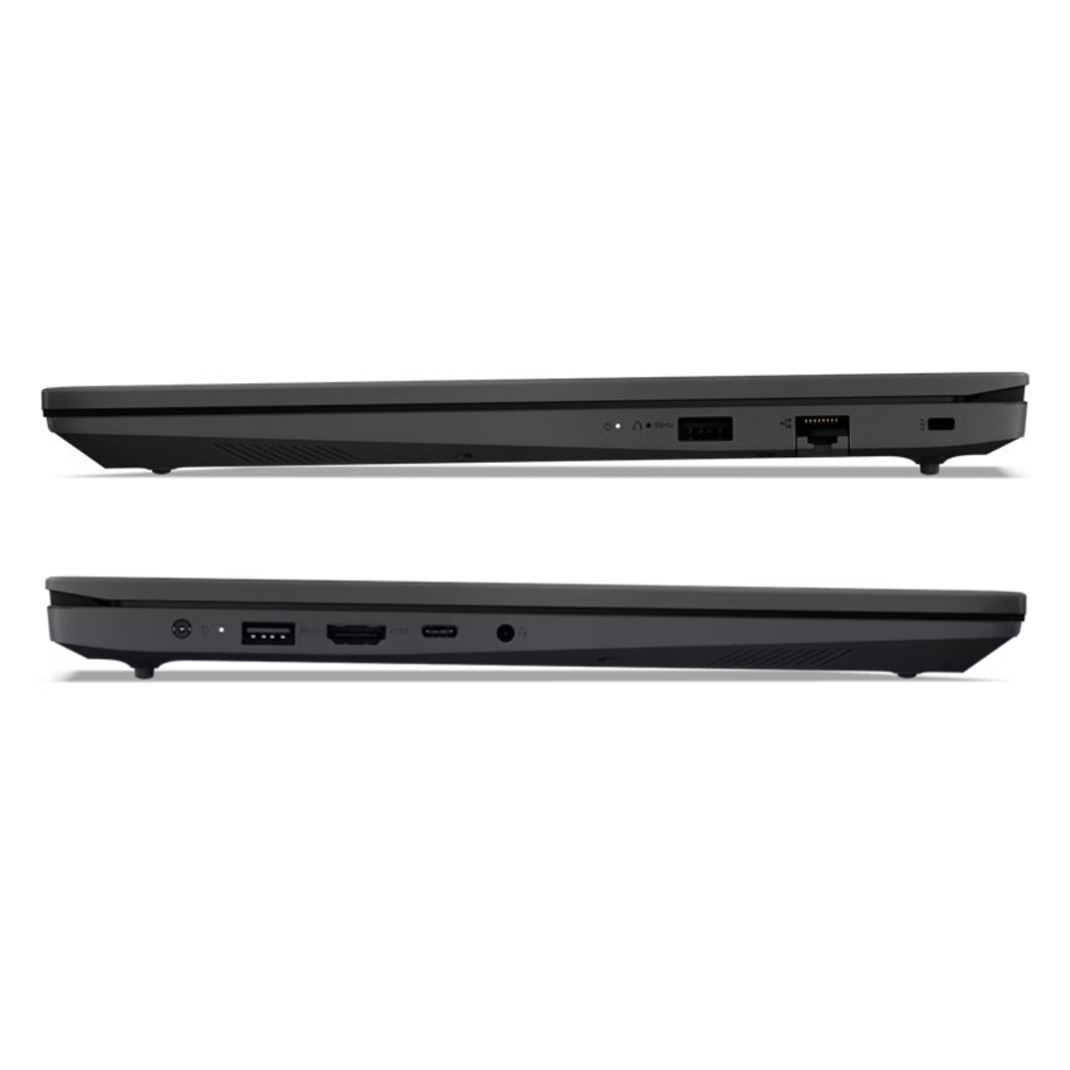 Zwei Seitenansichten eines dunkelgrauen Laptops. Anschlüsse sind sichtbar. Der Laptop ist geschlossen. Weißer Hintergrund.