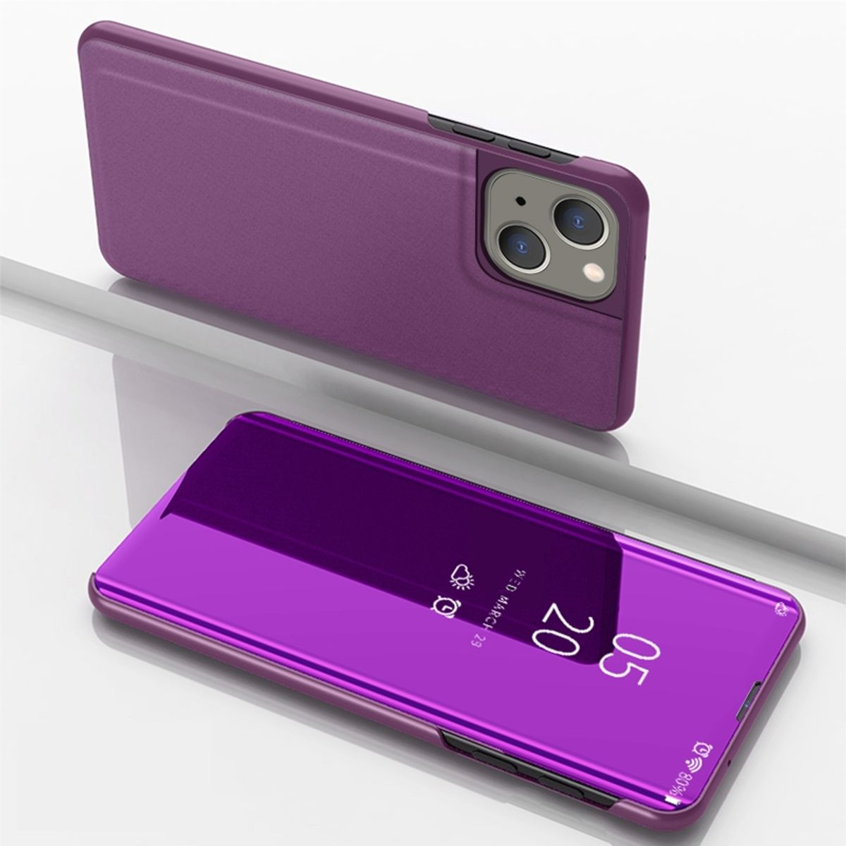 Lila Handyhülle und -abdeckung. Die Abdeckung ist geöffnet und das Handy zeigt einen Bildschirm mit Uhrzeit.