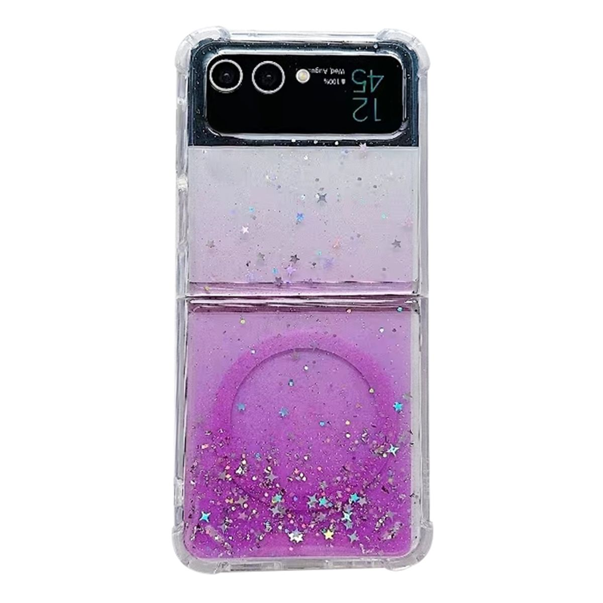 Transparente Handyhülle für ein Falt-Handy. Sie ist lila und weiß mit Glitzer und hat einen Ring unten.