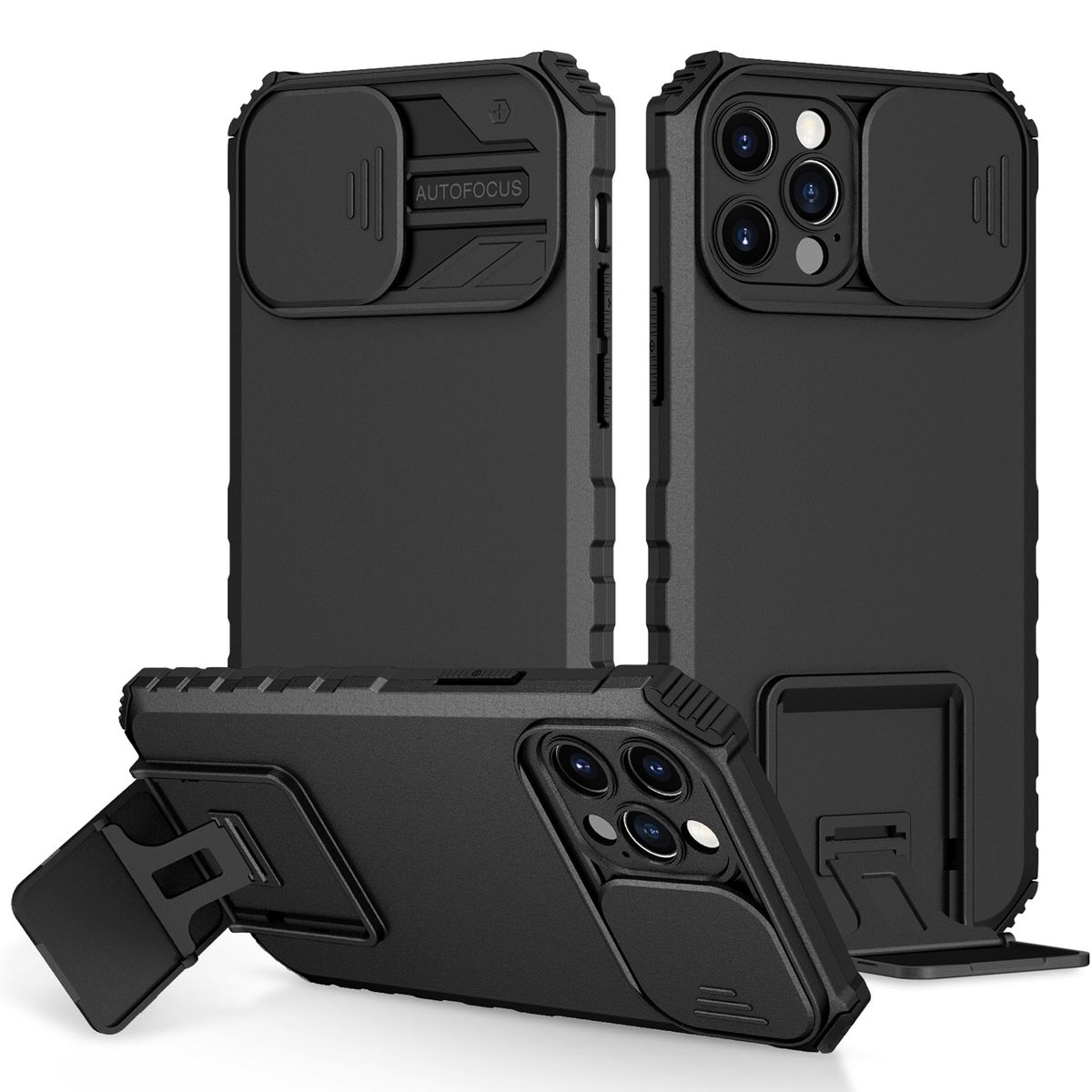 Schwarze Telefonhüllen in verschiedenen Positionen. Hat eine Kameraabdeckung und einen Ständer.