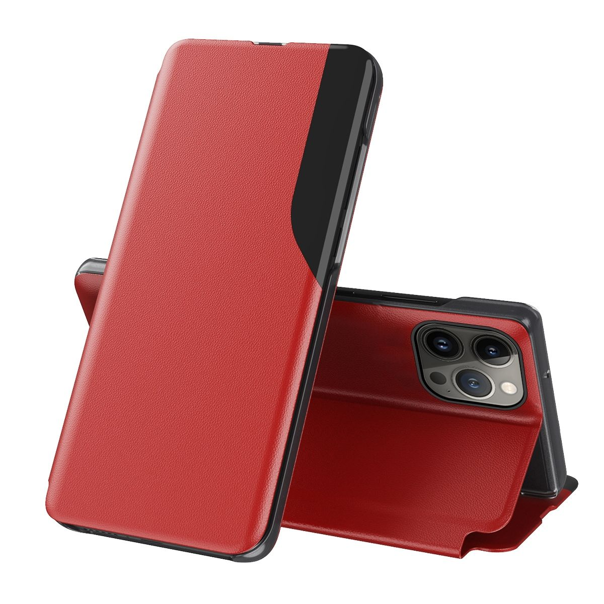 Rote und schwarze Handyhülle geöffnet und geschlossen. Das Telefon ist in der geöffneten Hülle sichtbar.