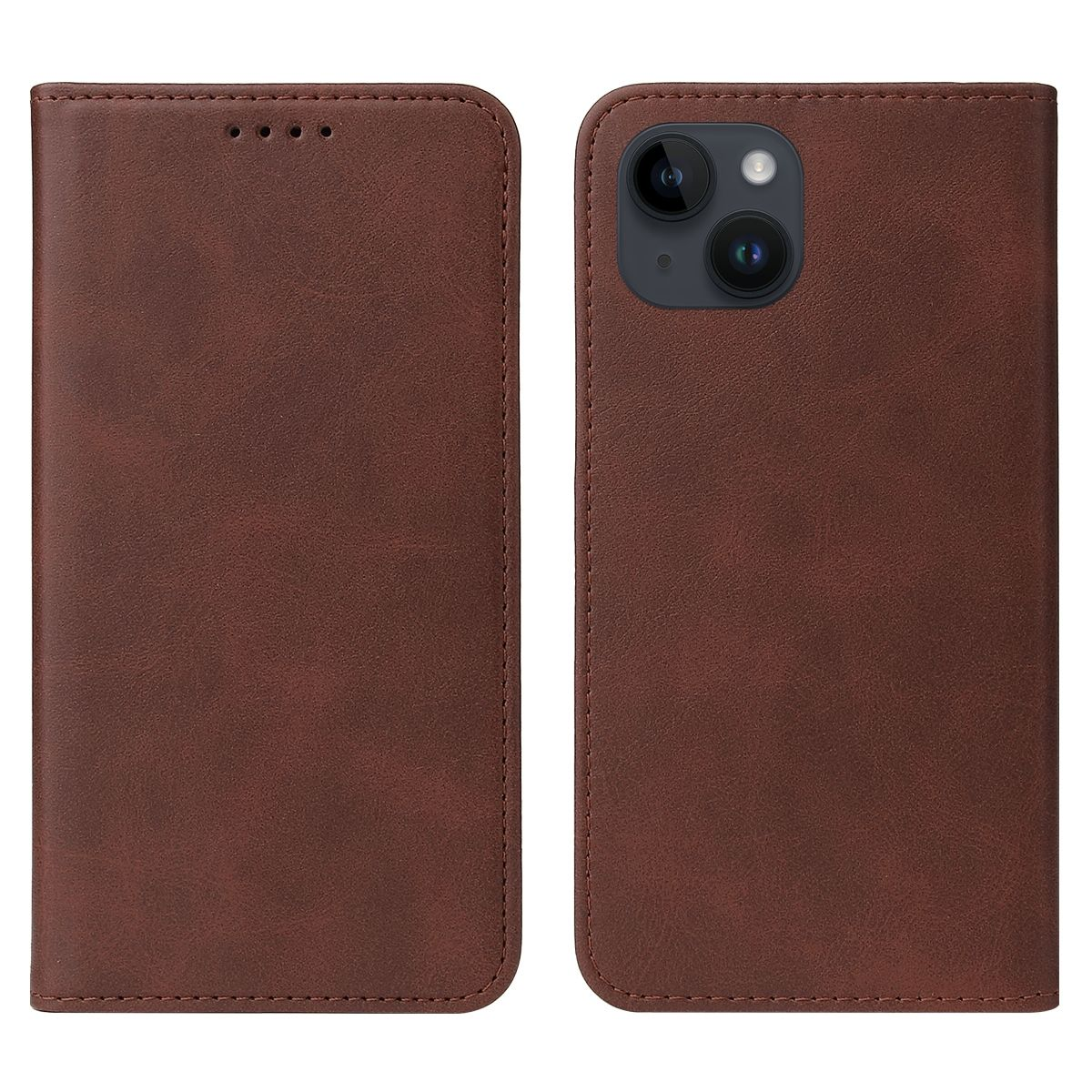 Eine braune Leder-Handyhülle, geöffnet, um ein Telefon zu zeigen. Eine Seite geschlossen.