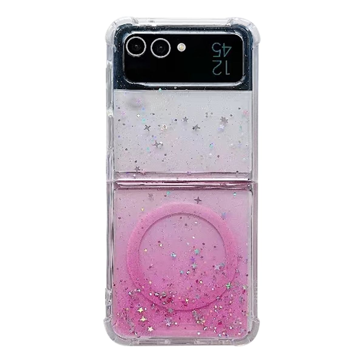 Transparente Handyhülle für ein faltbares Handy, mit pinkfarbenem Glitzer und Sternen. Weißer Hintergrund.