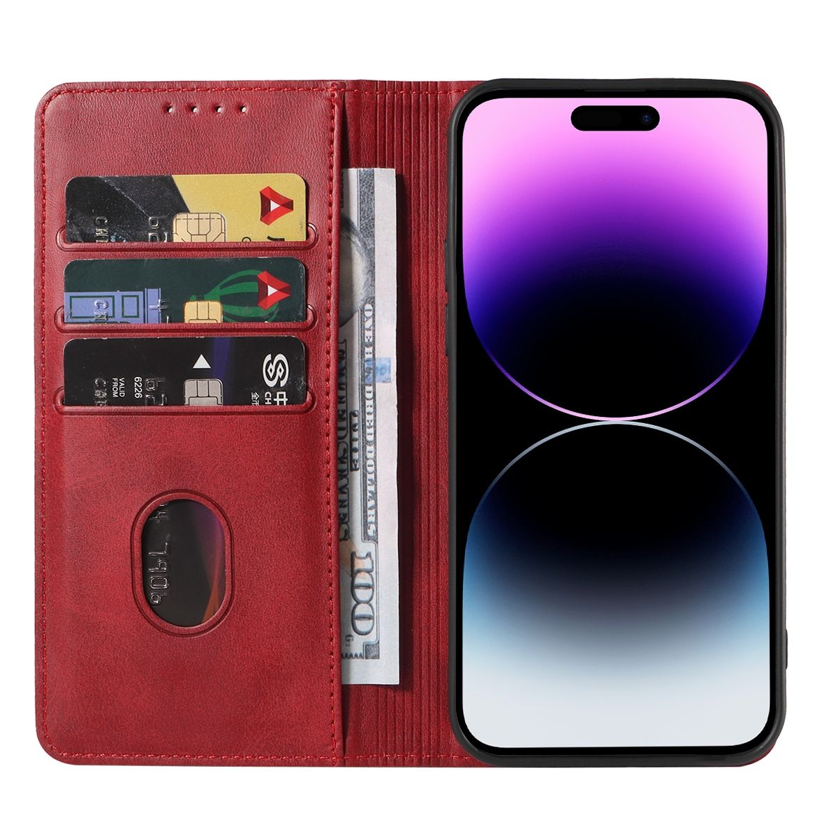 Eine rote Handyhülle mit Kartenfächern und einem Geldschein, sowie ein Telefon.